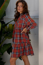 Load image into Gallery viewer, Green Plaid Print Frilly Collar Long Sleeve Shift Mini Dress