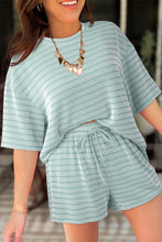 Load image into Gallery viewer, Green Stripe Raised Rib Loose Tee Drawstring Elastic Waist 2pcs Short Set