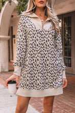 Load image into Gallery viewer, Khaki Leopard Print Zip up Collar Patchwork Shift Mini Dress