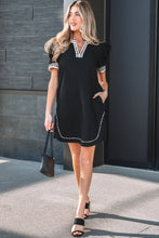 Load image into Gallery viewer, Black Leopard Trim Notched Neck Short Puff Sleeve Shift Mini Dress