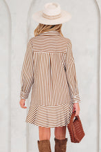 Load image into Gallery viewer, Brown Stripe Ruffled Hem Collared Long Sleeve Shirt Mini Dress