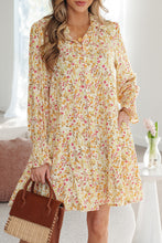 Load image into Gallery viewer, Yellow Floral Print Frilly Trim Smocked Cuff Long Sleeve Loose Shirt Dress