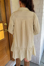 Load image into Gallery viewer, Brown Stripe Collared Neck Cuffed Long Sleeve Drop Waist Mini Dress