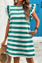 Load image into Gallery viewer, Black Stripe Flutter Sleeve Round Neck Shift Dress
