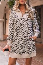 Load image into Gallery viewer, Khaki Leopard Print Zip up Collar Patchwork Shift Mini Dress