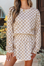Load image into Gallery viewer, Khaki Checkered Long Sleeve Crop Top High Waist Skort 2pcs Set
