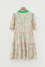 Load image into Gallery viewer, Green Contrast Neckline Ricrac Trim Floral Short Puff Sleeve Dress
