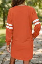Load image into Gallery viewer, Tillandsia Purple Varsity Contrast Banded Sleeve Shift Sweatshirt Dress
