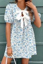 Load image into Gallery viewer, Sky Blue Leopard Contrast Bow Puff Sleeve Mini Dress