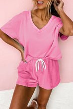Load image into Gallery viewer, Mint Green V Neck Drop Shoulder Tee and Patchwork Drawstring Elastic Waistband Shorts Set