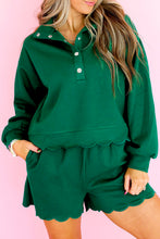 Load image into Gallery viewer, Blackish Green Embroidered Scallop Trim Half Button Pullover Casual Shorts Set