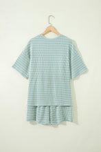 Load image into Gallery viewer, Green Stripe Raised Rib Loose Tee Drawstring Elastic Waist 2pcs Short Set