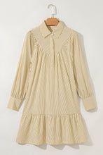 Load image into Gallery viewer, Brown Stripe Collared Neck Cuffed Long Sleeve Drop Waist Mini Dress