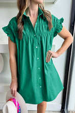 Load image into Gallery viewer, Bright Green Shirred Ruffle Sleeve Button Up Short Dress