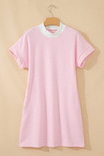 Load image into Gallery viewer, Pink Stripe Cuffed Short Sleeve Contrast Mock Neck Tee Dress