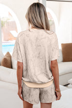 Load image into Gallery viewer, Khaki Abstract Print V Neck Loose Tee Drawstring Shorts 2pcs Outfit