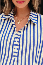 Load image into Gallery viewer, Blue Stripe Collared Half Button Side Pockets Loose Fit Mini Dress