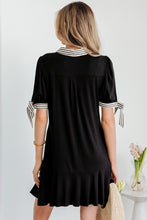Load image into Gallery viewer, Black Stripe Detail Polo Collar Half Buttons Tied Short Sleeve Shift Mini Dress