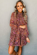 Load image into Gallery viewer, Red Floral Print Long Sleeve Shirred High Neck Loose Mini Dress