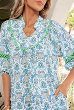 Load image into Gallery viewer, Sky Blue Boho Paisley Print Contrasted Patchwork Detail Bracelet Sleeve Loose Mini Dress