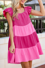 Load image into Gallery viewer, Pink Crinkled Colorblock Patchwork Flutter Tiered Mini Dress