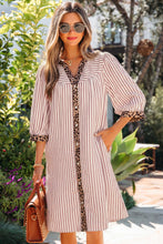 Load image into Gallery viewer, Pink Stripe Square Button Leopard Trim Loose Bracelet Sleeve Shirt Dress
