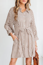 Load image into Gallery viewer, Brown Stripe Knot Waist Puff Sleeve Button Down Mini Shirt Dress