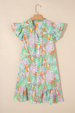 Load image into Gallery viewer, Pink Abstract Floral Ruffle Trim Flutter Sleeve Buttoned Dress