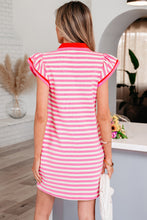 Load image into Gallery viewer, Green Stripe Print Contrast Collar Split Neck Flutter Sleeve Short Dress