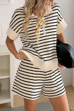 Load image into Gallery viewer, Black Stripe Ribbed Color Block Trim Zip Polo Tee Drawstring Shorts 2pcs Outfit