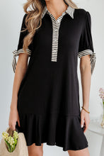 Load image into Gallery viewer, Black Stripe Detail Polo Collar Half Buttons Tied Short Sleeve Shift Mini Dress
