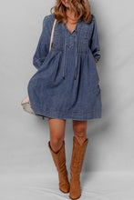Load image into Gallery viewer, Sail Blue 3/4 Sleeve Tied V Neck Pleated Denim Mini Dress