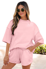 Load image into Gallery viewer, Yellow Cream Solid Color Exposed Seam Mock Neck Oversize Tee Casual Shorts 2pcs Outfit