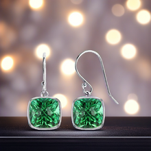 Load image into Gallery viewer, 4.50CTW Lab Grown Cushion Cut Emerald Drop Earrings in 925 Sterling Silver - 8mm Square Gems