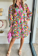 Load image into Gallery viewer, Pink Abstract Printed Lantern Sleeve Buttoned Mini Dress