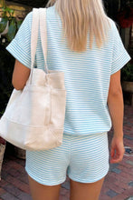 Load image into Gallery viewer, Sky Blue Stripe Cuffed Sleeve Contrast Mock Neck Tee Casual 2pcs Short Set