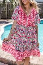 Load image into Gallery viewer, Pink Bohemian Print Tie Neck Ruffle Hem Short Dress