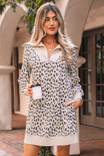 Load image into Gallery viewer, Khaki Leopard Print Zip up Collar Patchwork Shift Mini Dress