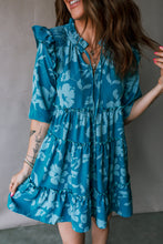 Load image into Gallery viewer, Blue Flower Half Sleeve Tiered Ruffled Mini Dress