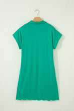Load image into Gallery viewer, Beau Blue Solid Color Snap Button Polo Collar Short Sleeve Scallop Hem Mini Dress
