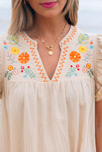 Load image into Gallery viewer, Jet Stream Linen Embroidery Split Neck Pom Pom Ruffle Sleeves Flowy Short Dress