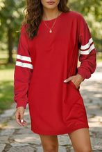 Load image into Gallery viewer, Tillandsia Purple Varsity Contrast Banded Sleeve Shift Sweatshirt Dress