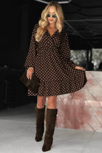 Load image into Gallery viewer, Chicory Coffee Polka Dot Long Sleeve Wrap V Neck Ruffle Hem Mini Dress