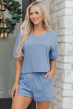 Load image into Gallery viewer, Sky Blue Solid Color Contrast Textured Patchwork Raw Edge 2pcs Short Set