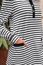 Load image into Gallery viewer, White Stripe Buttoned Front Collared Long Sleeve T Shirt Dress with Pockets
