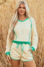 Load image into Gallery viewer, White Contrast Trim Colorblock Long Sleeve Pullover and Drawstring Shorts 2pcs Outfit