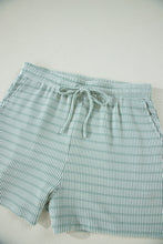 Load image into Gallery viewer, Green Stripe Raised Rib Loose Tee Drawstring Elastic Waist 2pcs Short Set
