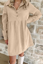 Load image into Gallery viewer, Black Corduroy Half Button Collared Long Sleeve Mini Dress
