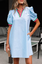 Load image into Gallery viewer, Myosotis Contrast Striped Notched V Neck Puff Sleeve Mini Dress