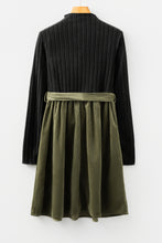 Load image into Gallery viewer, Black Ribbed Knit Slim Bodice Contrast Flared Skirt Patchwork Belted Dress
